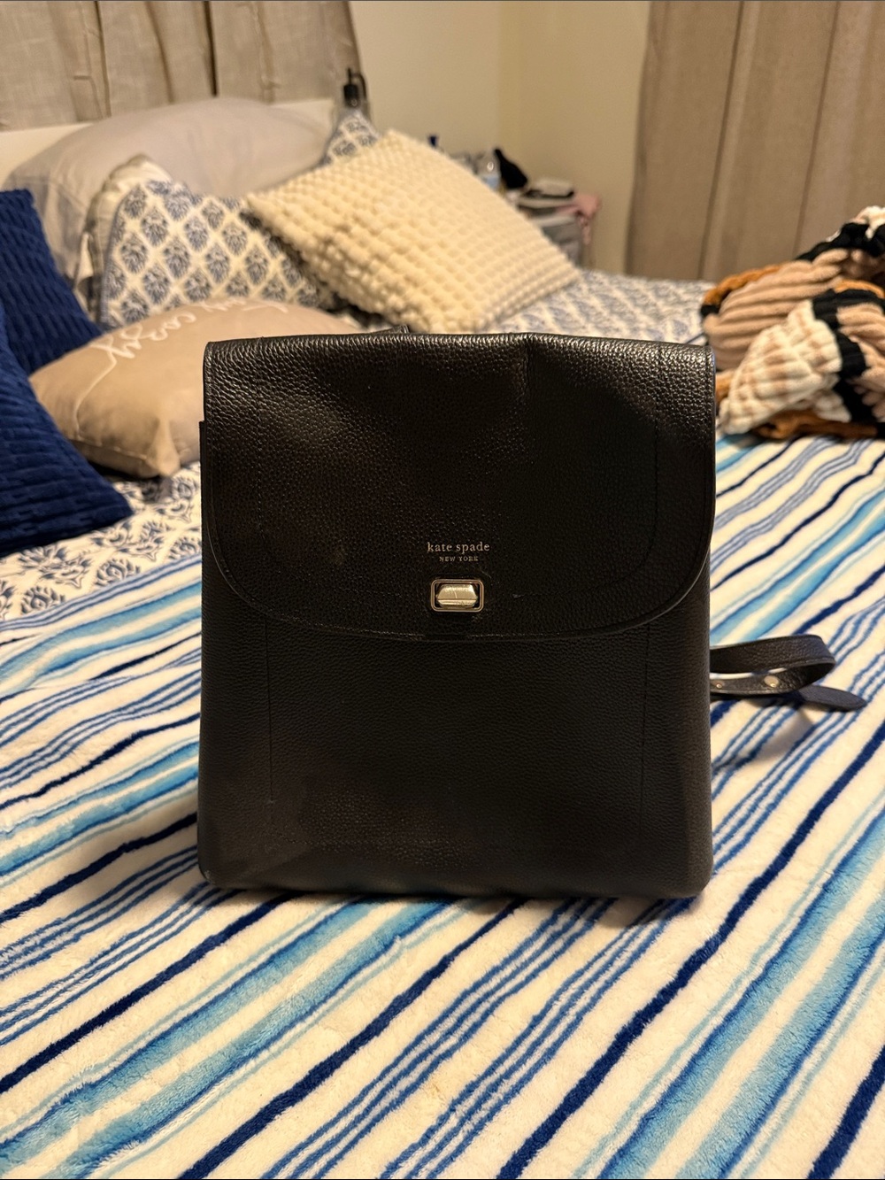 kate spade Black Pebbled Leather Backpack with Front Flap